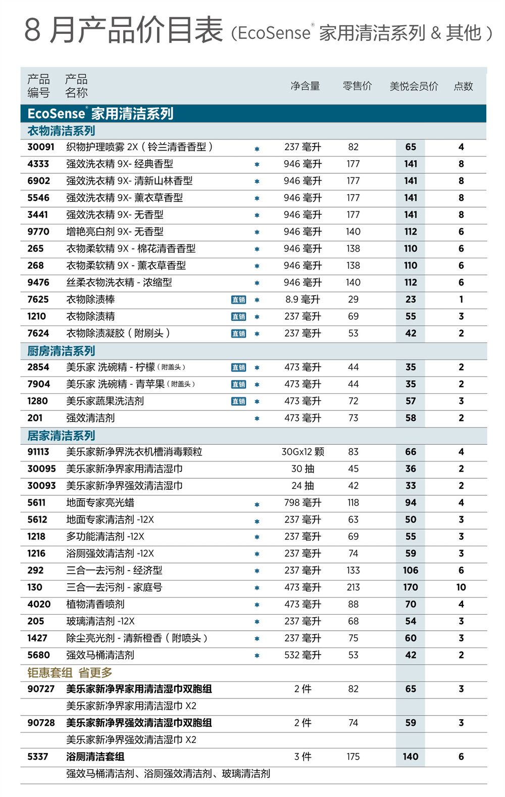 2026年8月份美乐家产品价目表