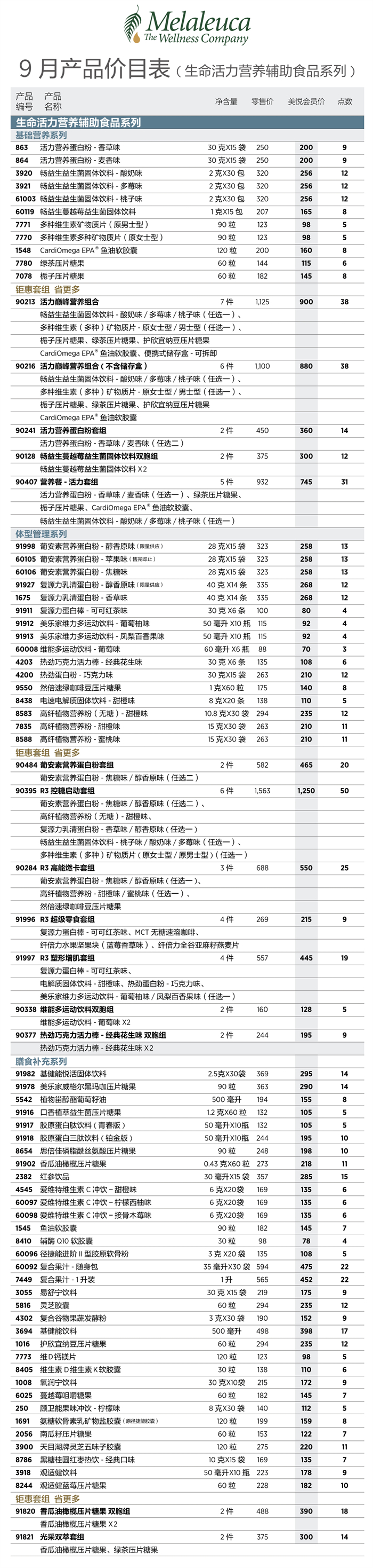2026年9月份美乐家产品价目表