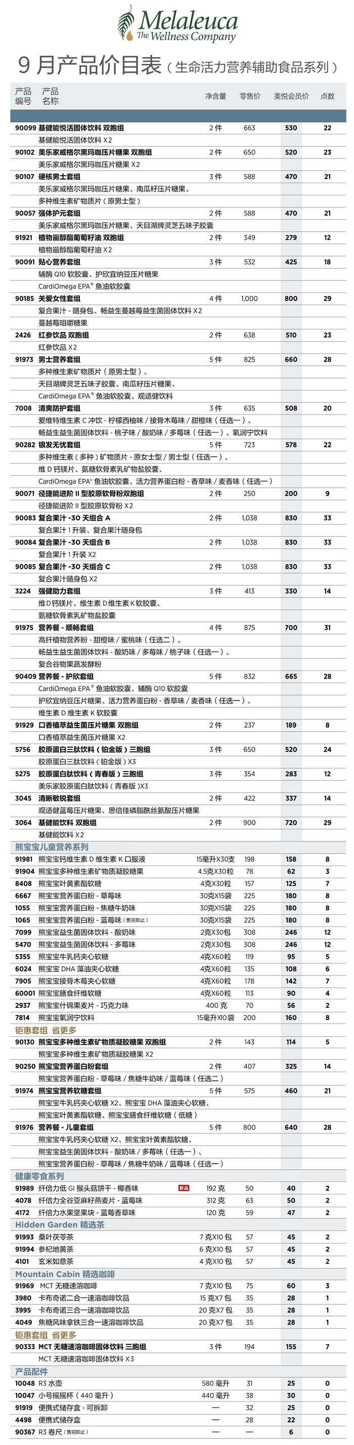 2026年9月份美乐家产品价目表
