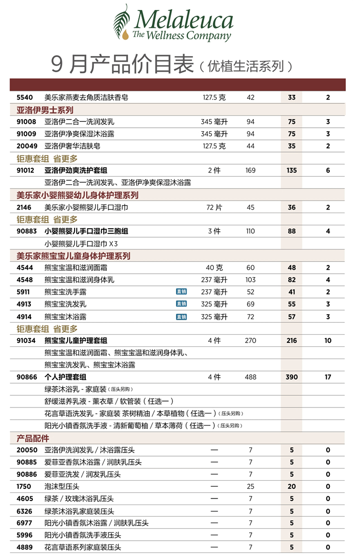 2026年9月份美乐家产品价目表