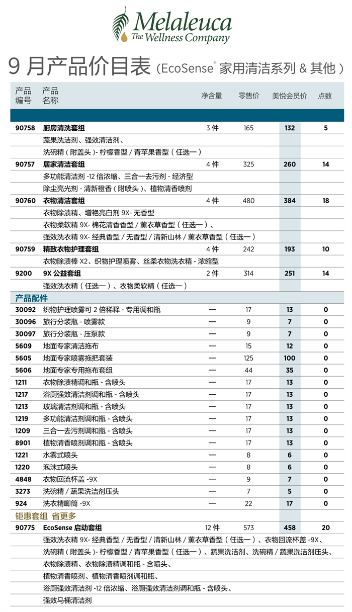 2026年9月份美乐家产品价目表