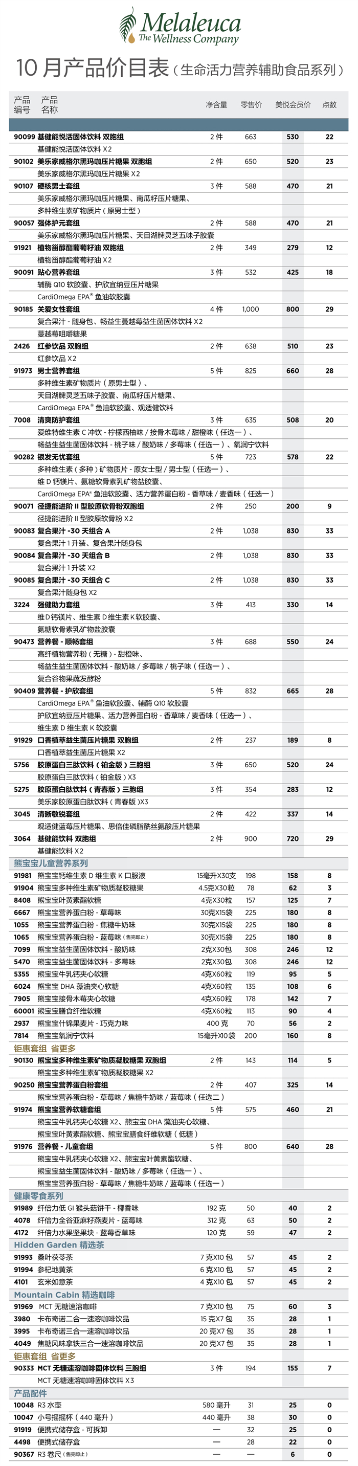 2026年10月份美乐家产品价目表