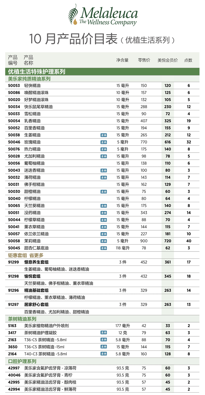 2026年10月份美乐家产品价目表