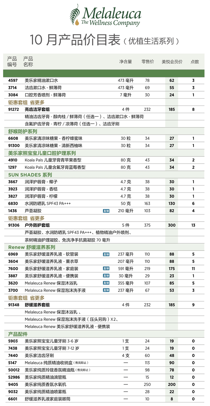 2026年10月份美乐家产品价目表