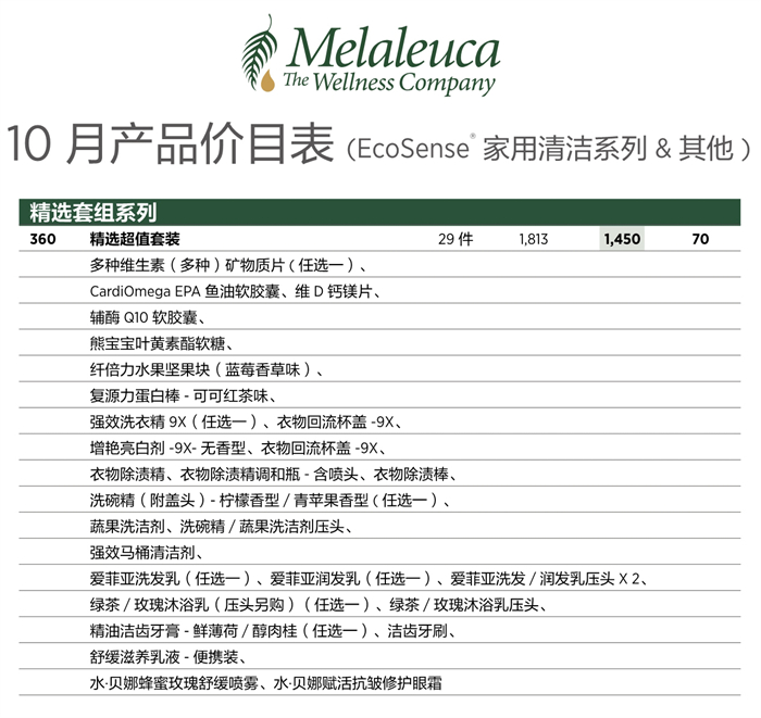 2026年10月份美乐家产品价目表